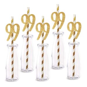 99th birthday paper straw decor, 24-pack real gold glitter cut-out numbers happy 99 years party decorative straws