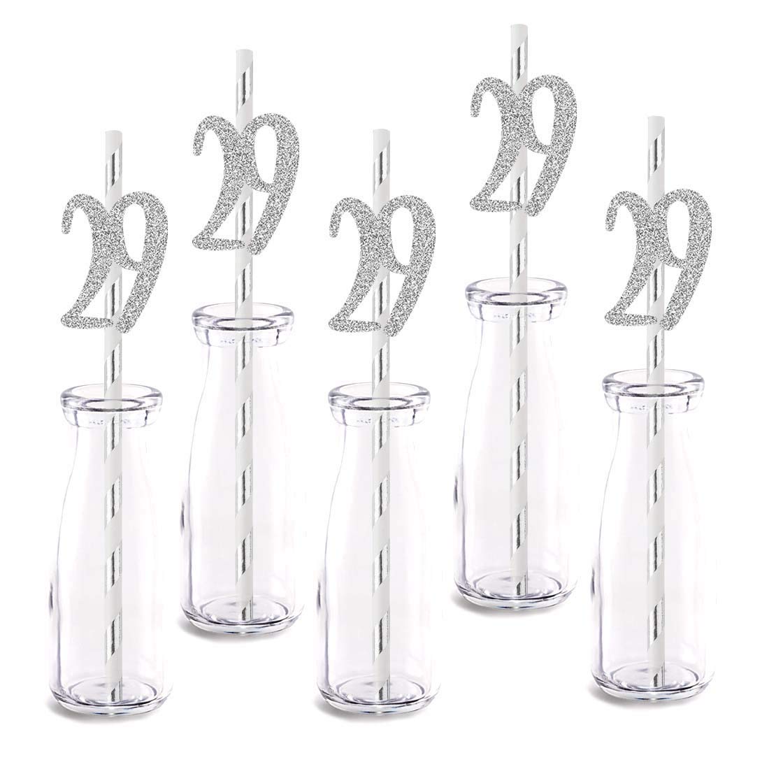 Silver Happy 29th Birthday Straw Decor, Silver Glitter 24pcs Cut-Out Number 29 Party Drinking Decorative Straws, Supplies