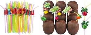 alink 50 luau umbrella straws + 54-pack coconut cups with straws and cocktail picks