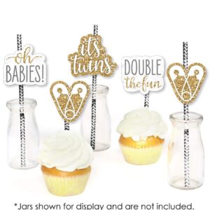 It's Twins - Paper Straw Decor - Gold Twins Baby Shower Striped Decorative Straws - Set of 24
