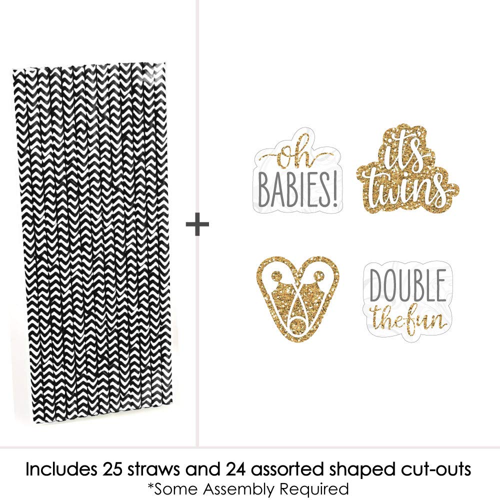 It's Twins - Paper Straw Decor - Gold Twins Baby Shower Striped Decorative Straws - Set of 24