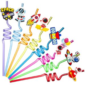 24 pieces outer space straws reusable solar system plastic straws rocket spaceship astronaut satellite planet outer space party supplies decorations for boys kids birthday parties 8 styles, 8 colors