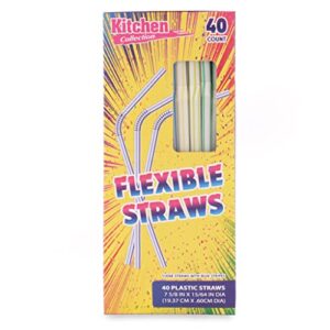 party bargains flexible drinking straws 40 count, striped colors, disposable plastic straws, 0.23” diameter 7.63” long, pack of 1