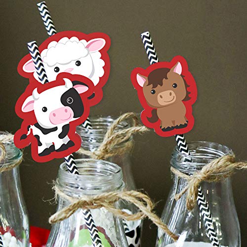 Farm Animals Paper Straw Decor - Baby Shower or Birthday Party Striped Decorative Straws - Set of 24