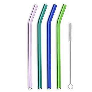 hummingbird glass straws 9 inches x 9.5 mm bermuda tide bent reusable straws (4 pack of purple-teal-blue-green)
