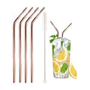 waloo home set of 4 reusable 10.5" metal stainless steel drinking straws and cleaning brush for 20-30oz tumblers, cups and mugs (rose gold,curved)