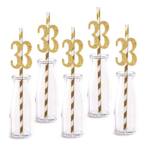 33rd Birthday Paper Straw Decor, 24-Pack Real Gold Glitter Cut-Out Numbers Happy 33 Years Party Decorative Straws