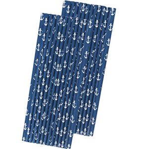 anchor nautical themed paper straws - navy blue white - 50 pack