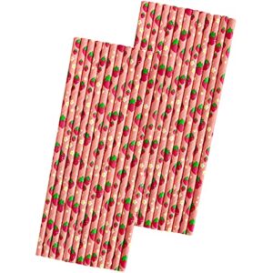 strawberry pattern paper straws - pink red green - 7.75 inches - 50 pack