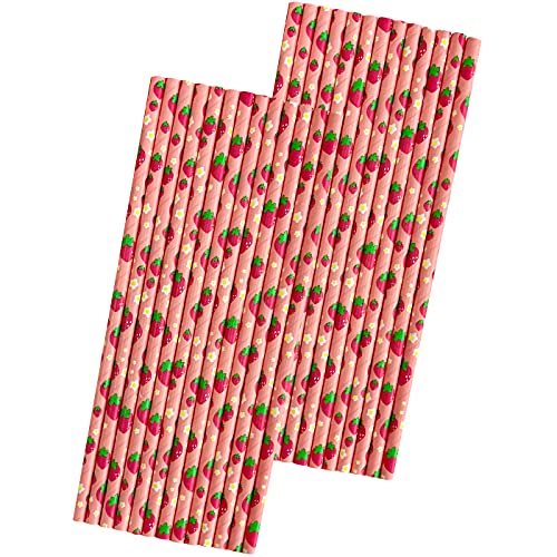 Strawberry Pattern Paper Straws - Pink Red Green - 7.75 Inches - 50 Pack