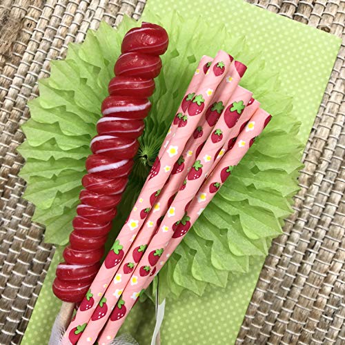 Strawberry Pattern Paper Straws - Pink Red Green - 7.75 Inches - 50 Pack