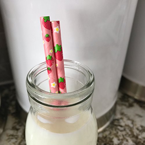 Strawberry Pattern Paper Straws - Pink Red Green - 7.75 Inches - 50 Pack