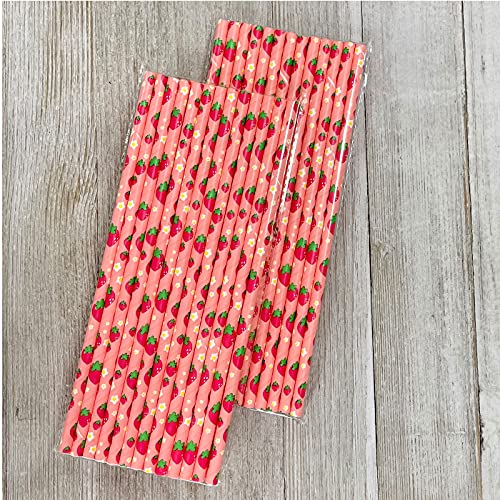 Strawberry Pattern Paper Straws - Pink Red Green - 7.75 Inches - 50 Pack