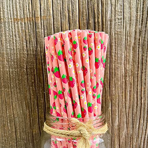 Strawberry Pattern Paper Straws - Pink Red Green - 7.75 Inches - 50 Pack