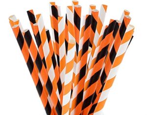 party on tap paper straws - orange, white and black striped party straws - pack of 100 - biodegradable and disposable pumpkin party decorations