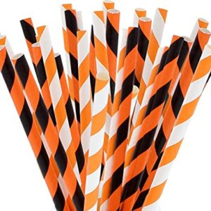 Party On Tap Paper Straws - Orange, White and Black Striped Party Straws - Pack of 100 - Biodegradable and Disposable Pumpkin Party Decorations