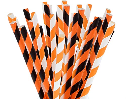 Party On Tap Paper Straws - Orange, White and Black Striped Party Straws - Pack of 100 - Biodegradable and Disposable Pumpkin Party Decorations