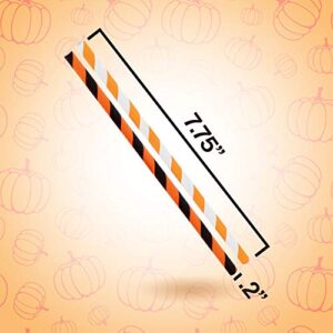 Party On Tap Paper Straws - Orange, White and Black Striped Party Straws - Pack of 100 - Biodegradable and Disposable Pumpkin Party Decorations