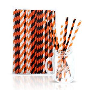 Party On Tap Paper Straws - Orange, White and Black Striped Party Straws - Pack of 100 - Biodegradable and Disposable Pumpkin Party Decorations