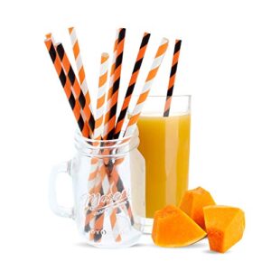 Party On Tap Paper Straws - Orange, White and Black Striped Party Straws - Pack of 100 - Biodegradable and Disposable Pumpkin Party Decorations