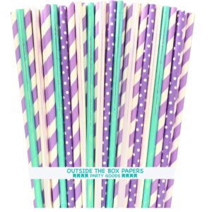 mermaid party supply - lilac lavender blue green paper foil drinking straws - 7.75 inches - 100 pack