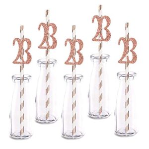 rose happy 23rd birthday straw decor, rose gold glitter 24pcs cut-out number 23 party drinking decorative straws, supplies