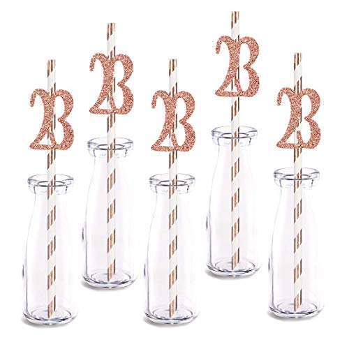 Rose Happy 23rd Birthday Straw Decor, Rose Gold Glitter 24pcs Cut-Out Number 23 Party Drinking Decorative Straws, Supplies