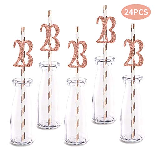 Rose Happy 23rd Birthday Straw Decor, Rose Gold Glitter 24pcs Cut-Out Number 23 Party Drinking Decorative Straws, Supplies