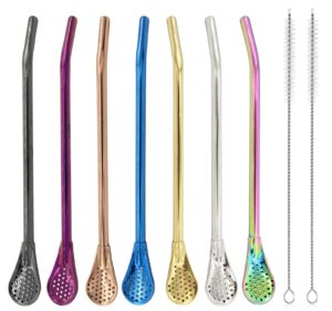 anller premium straw spoons bombillas yerba mate straw, drinking stirring straws with filter spoon -7.2inch (7 straws + 2 cleaning brushes）