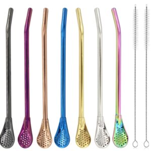 Anller Premium Straw Spoons Bombillas Yerba Mate Straw, Drinking Stirring Straws with Filter Spoon -7.2inch (7 Straws + 2 Cleaning brushes）