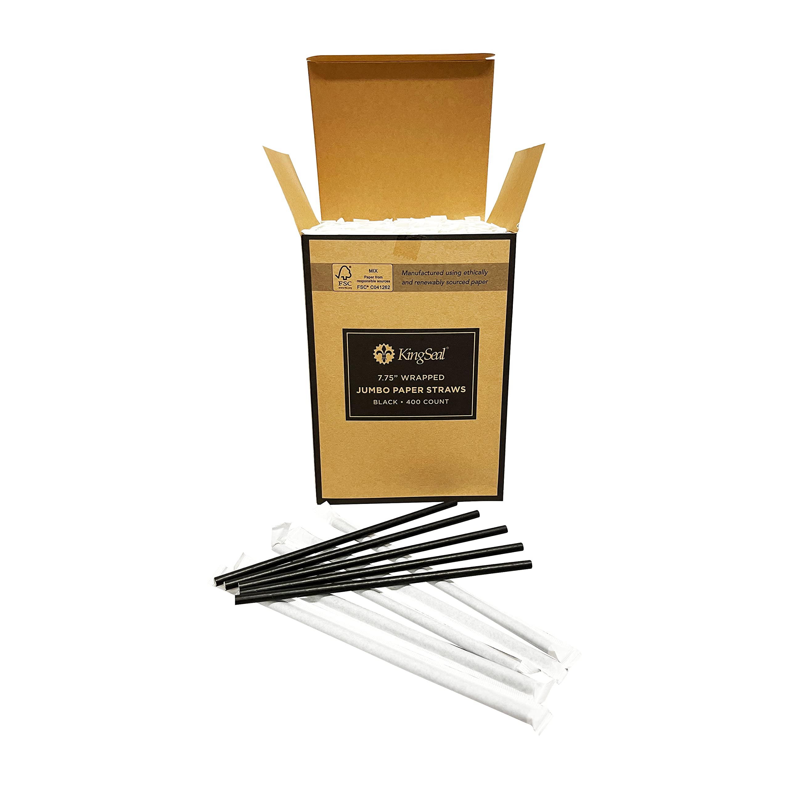 Kingseal "Jumbo" Paper Drinking Straws, FSC Certified, Paper Wrapped, 7.75" Length x 6mm Diameter, BLACK, Biodegradable, Earth Friendly, Bulk Pack - 400 Straws per Box