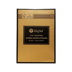 Kingseal "Jumbo" Paper Drinking Straws, FSC Certified, Paper Wrapped, 7.75" Length x 6mm Diameter, BLACK, Biodegradable, Earth Friendly, Bulk Pack - 400 Straws per Box