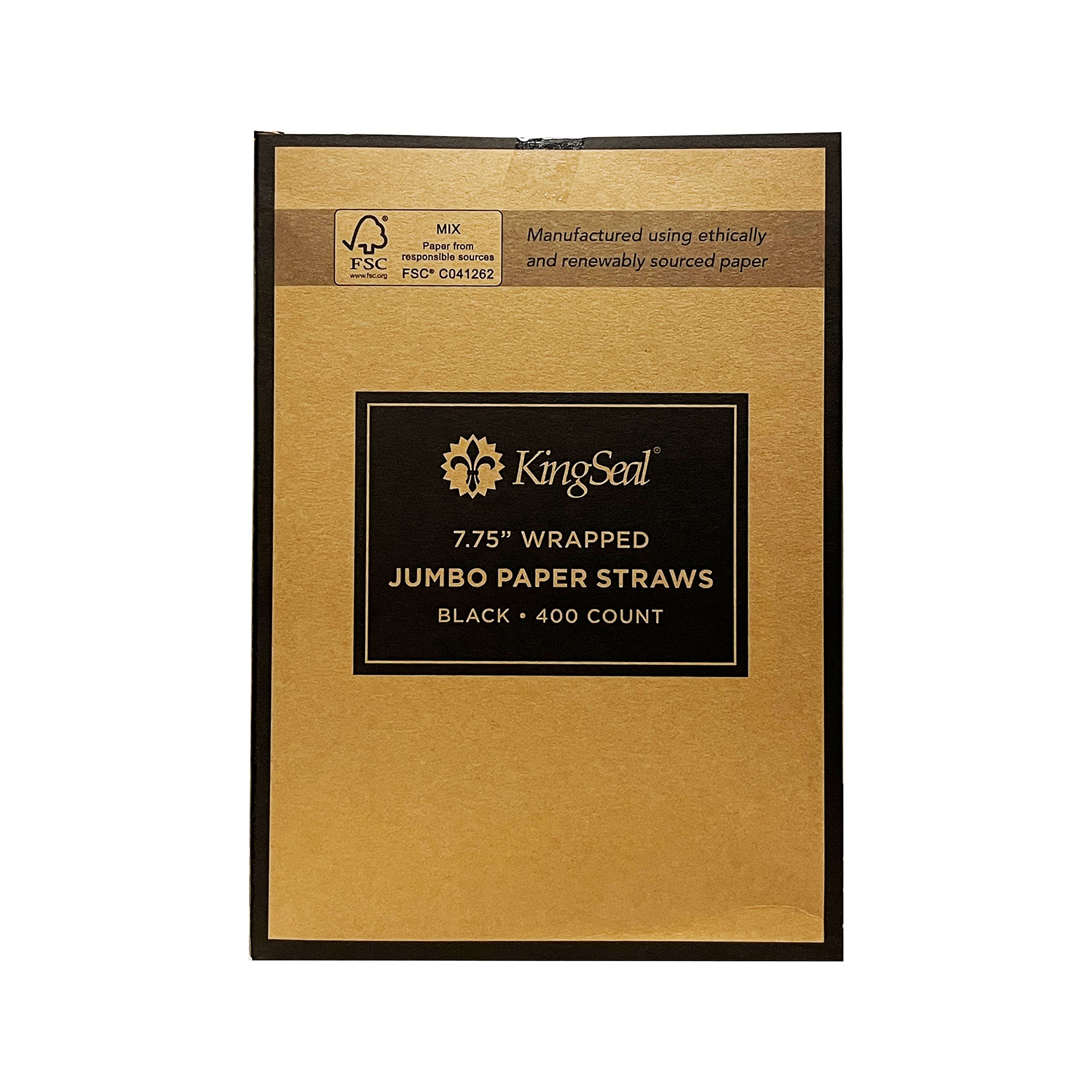 Kingseal "Jumbo" Paper Drinking Straws, FSC Certified, Paper Wrapped, 7.75" Length x 6mm Diameter, BLACK, Biodegradable, Earth Friendly, Bulk Pack - 400 Straws per Box