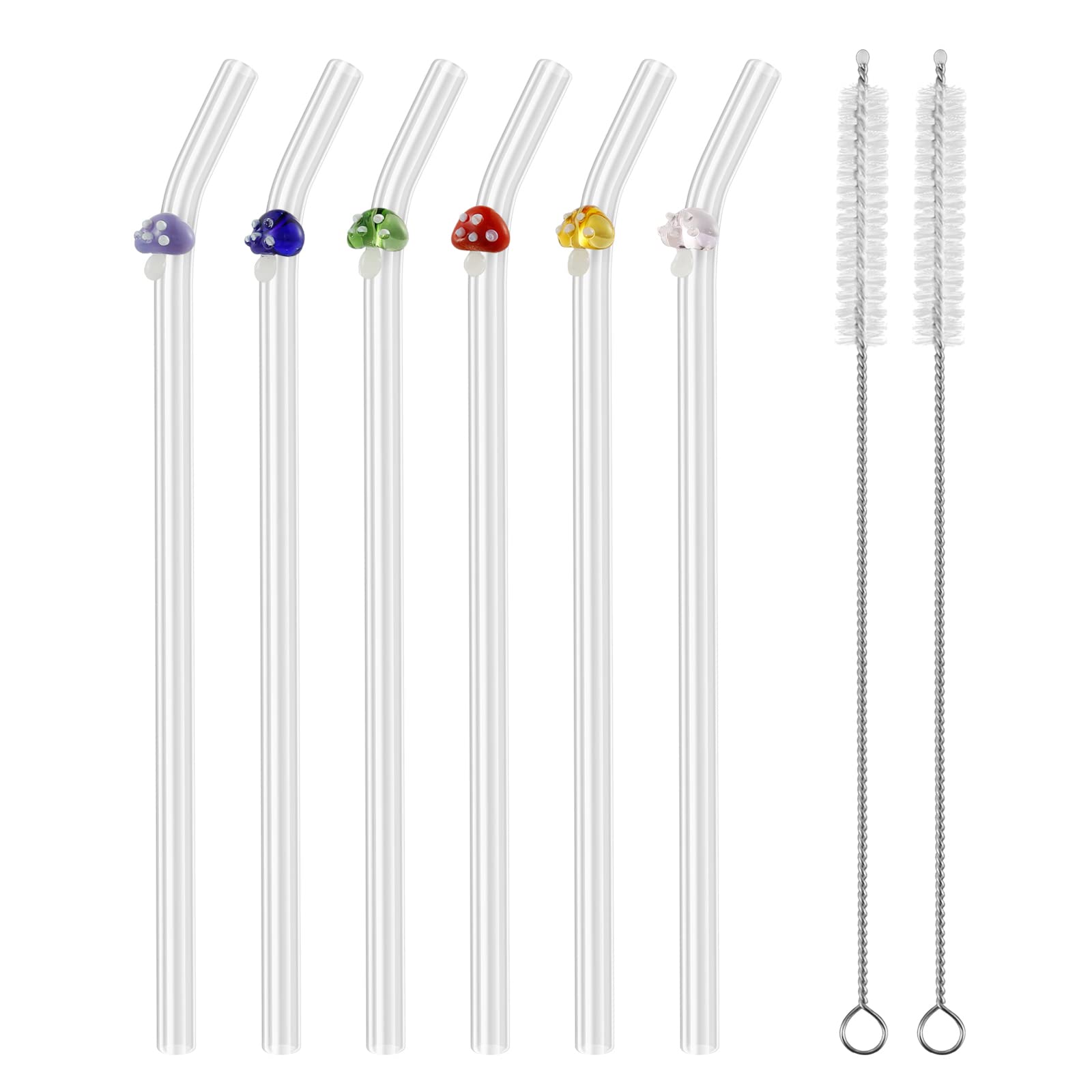 5/6Pcs Reusable Glass Straws, with 2 Cleaning Brushes, Clear Cute Butterfly Cherry Mushroom Straws Heat-Resistant Glass Straws for Smoothies Tea Juice Milkshakes Dishwasher Safe (Mushroom)