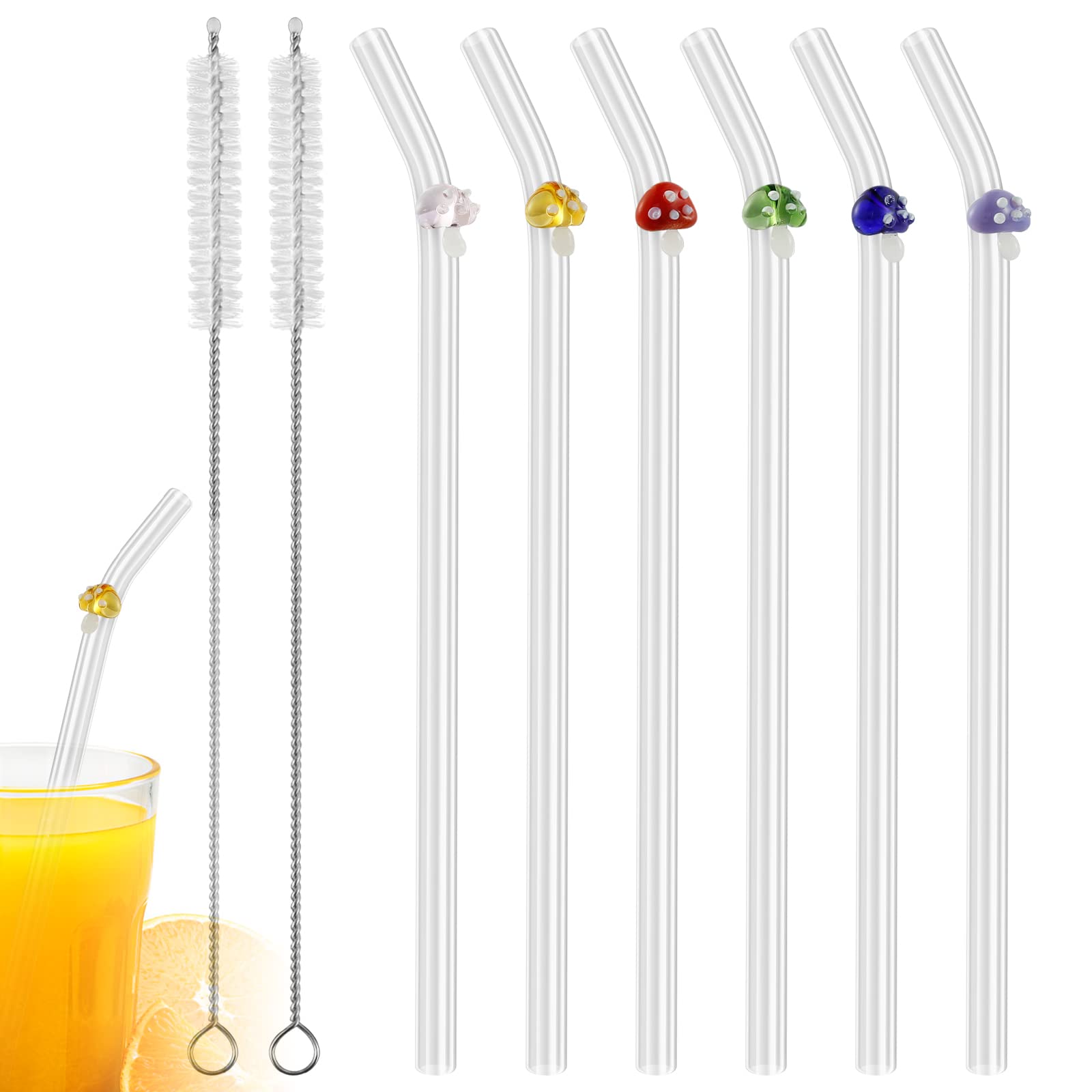 5/6Pcs Reusable Glass Straws, with 2 Cleaning Brushes, Clear Cute Butterfly Cherry Mushroom Straws Heat-Resistant Glass Straws for Smoothies Tea Juice Milkshakes Dishwasher Safe (Mushroom)