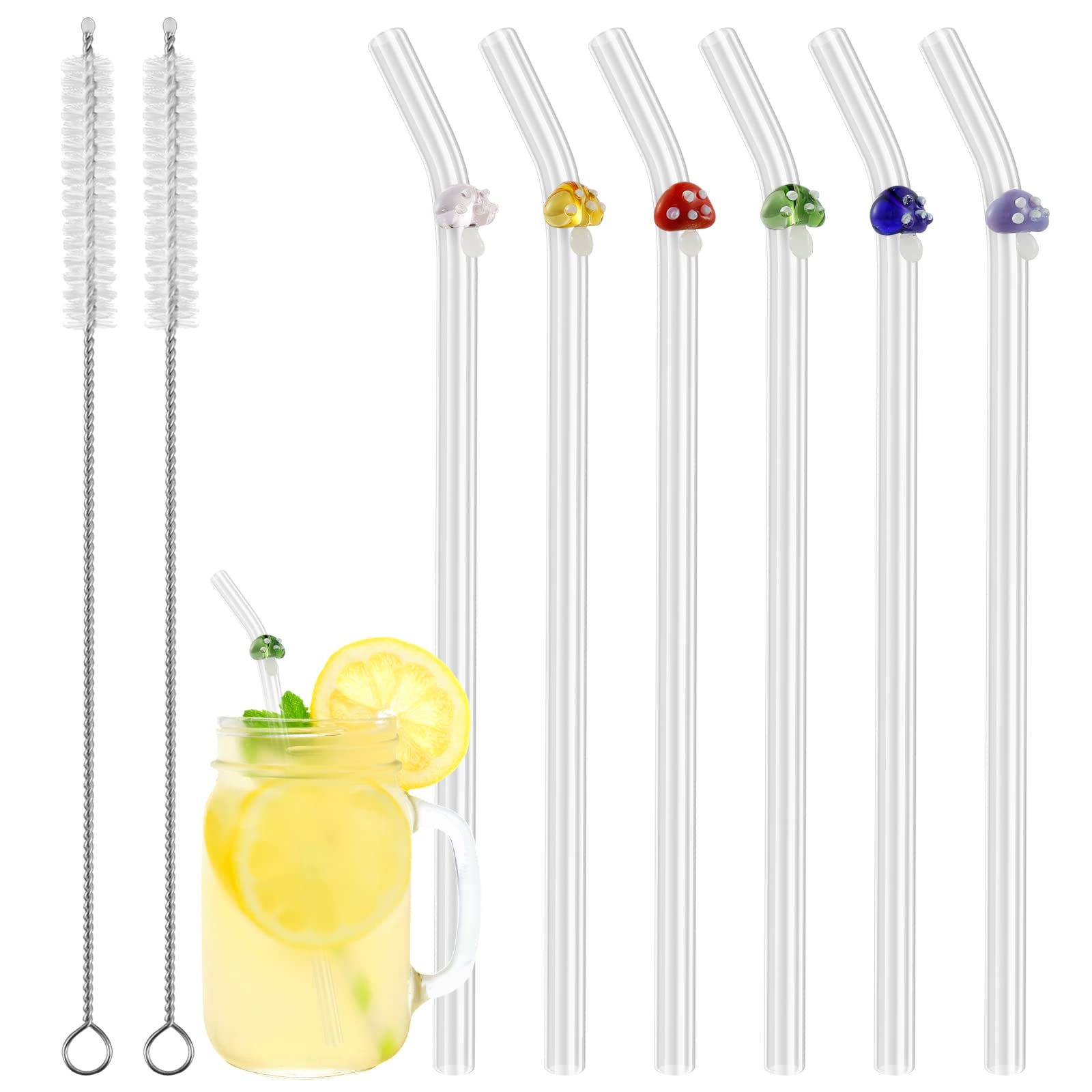 5/6Pcs Reusable Glass Straws, with 2 Cleaning Brushes, Clear Cute Butterfly Cherry Mushroom Straws Heat-Resistant Glass Straws for Smoothies Tea Juice Milkshakes Dishwasher Safe (Mushroom)