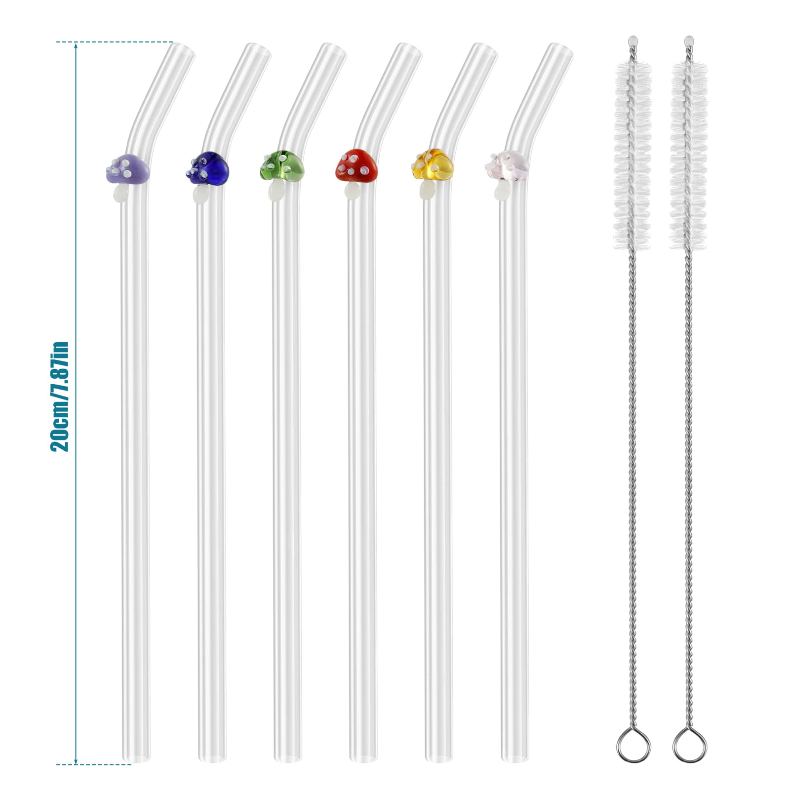 5/6Pcs Reusable Glass Straws, with 2 Cleaning Brushes, Clear Cute Butterfly Cherry Mushroom Straws Heat-Resistant Glass Straws for Smoothies Tea Juice Milkshakes Dishwasher Safe (Mushroom)