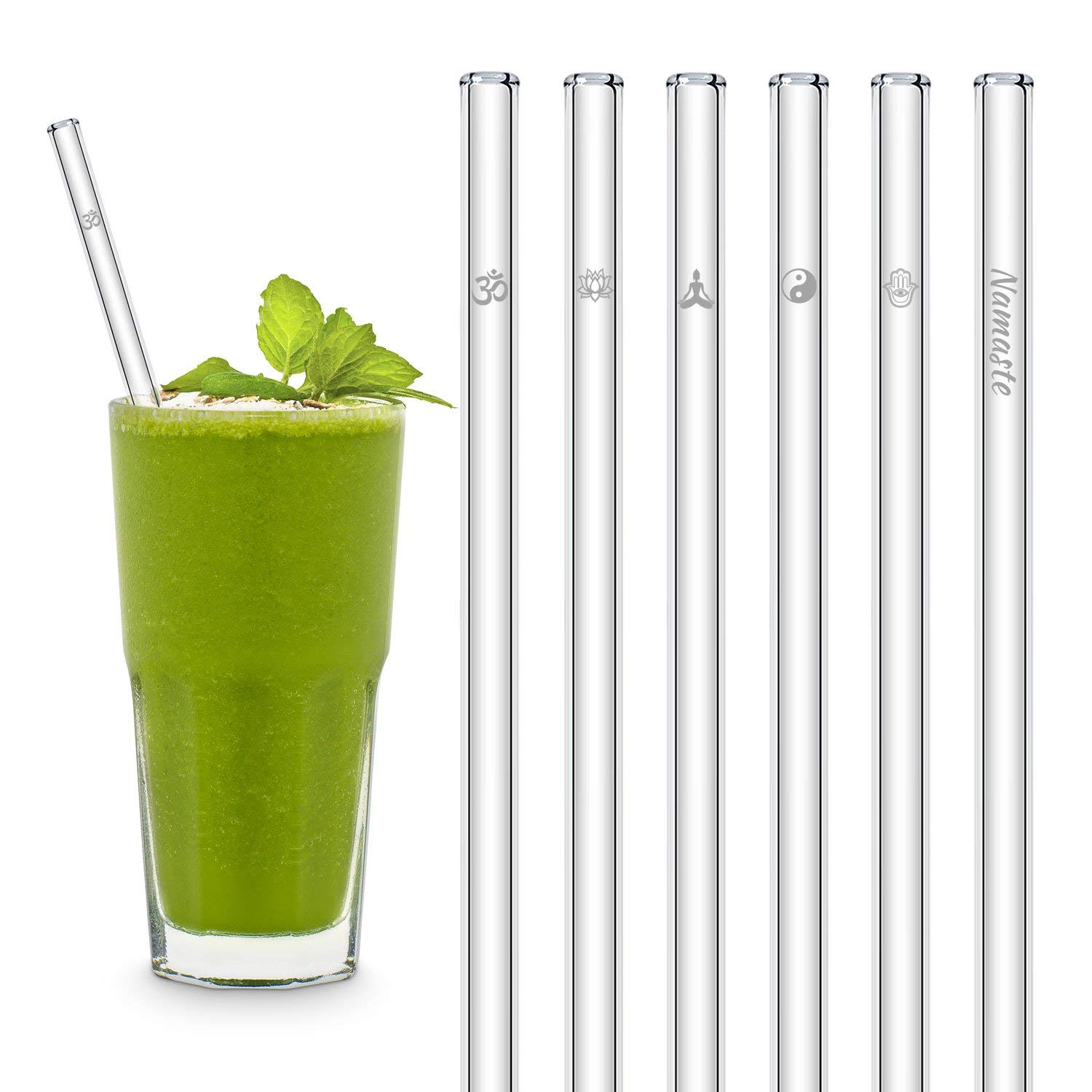 HALM Glass Straws - Yoga Symbols Edition - 6 Reusable Drinking Straws With Spiritual Icons 20cm (8 in) - Om sign, yin yang, Namaste"-writing - Made in Germany - Dishwasher Safe - Eco-Friendly