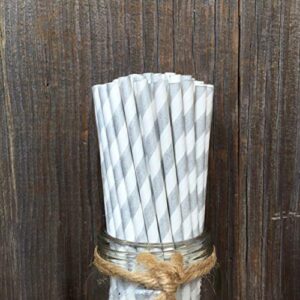 Striped Paper Straws - Silver White - Christmas Wedding Anniversary Supply - 7.75 Inches - 50 Pack - Outside the Box Papers Brand