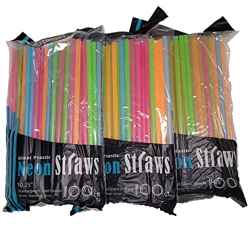 BarkingByrd Neon Plastic Straws Disposable, 300-Count “10.25” Inches.Thick, and Fun Drinking Straws Ideal for Milkshakes, Smoothies, and Cocktails—BPA-Free Perfect for Kids, Elderly, and Parties