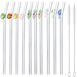 kleeblatt reusable glass straws shatter resistant, 10 pcs cute clear smoothie glass straws with design, 8mm * 7.9inch glass straws drinking for smoothies cocktail juice shakes beverages