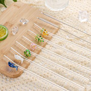 Kleeblatt Reusable Glass Straws Shatter Resistant, 10 Pcs Cute Clear Smoothie Glass Straws with Design, 8mm * 7.9inch Glass Straws Drinking for Smoothies Cocktail Juice Shakes Beverages