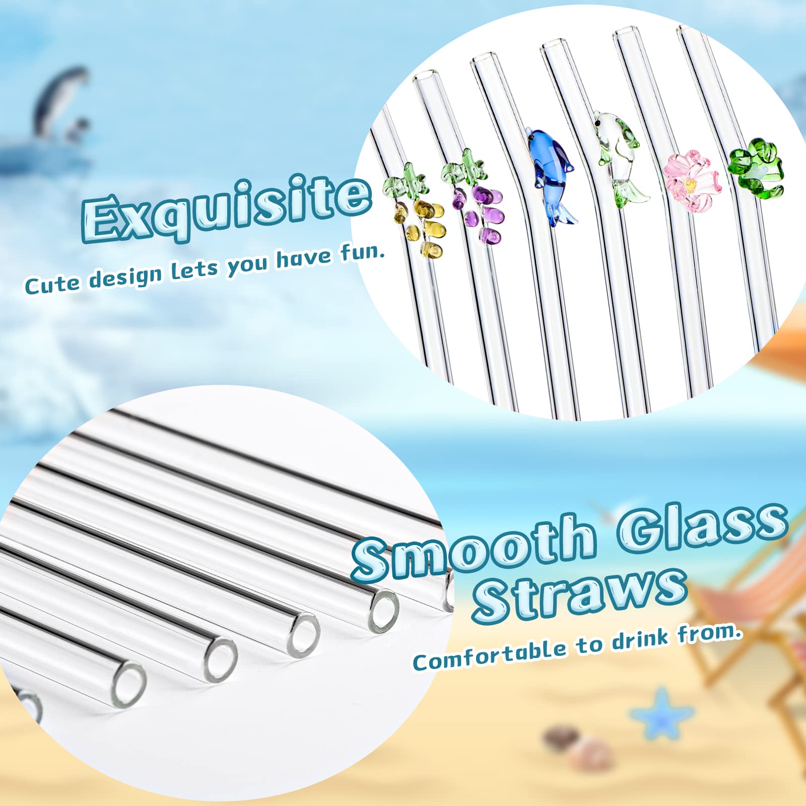 Kleeblatt Reusable Glass Straws Shatter Resistant, 10 Pcs Cute Clear Smoothie Glass Straws with Design, 8mm * 7.9inch Glass Straws Drinking for Smoothies Cocktail Juice Shakes Beverages