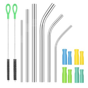 wokdada set of 6 stainless steel straws, reusable metal straw with silicone tip, metal drinking straws for tumbler,8 silicone tips,2 straw cleaning brush,perfect for smoothies、 milkshakes、boba