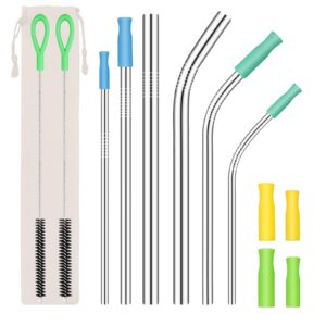 Wokdada Set of 6 Stainless Steel Straws, Reusable Metal Straw with Silicone Tip, Metal Drinking Straws for Tumbler,8 Silicone Tips,2 Straw Cleaning Brush,Perfect for Smoothies、 Milkshakes、Boba