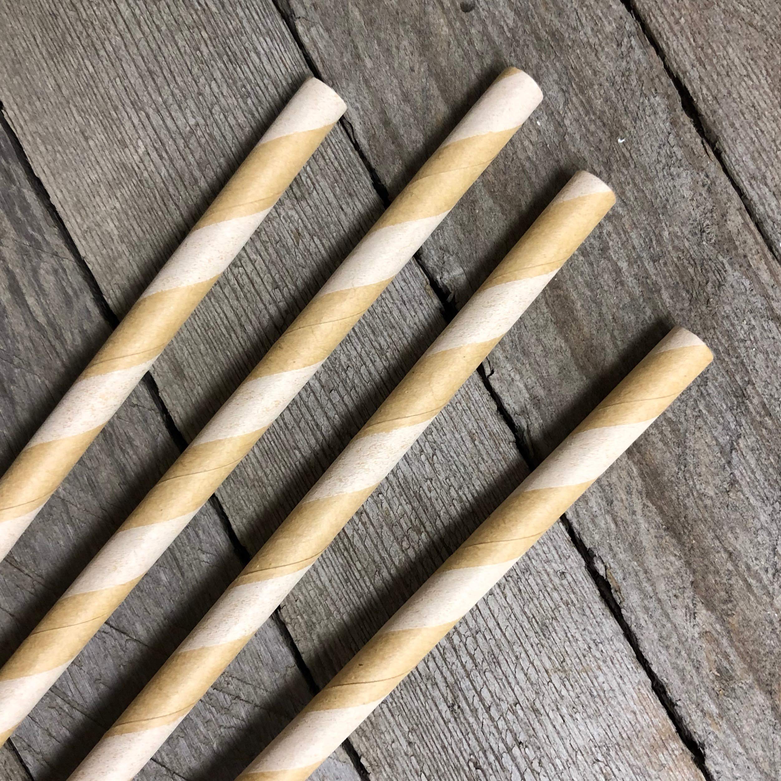 Paper Straws - Kraft Brown - Stripe - 7.75 Inches - 100 Pack Outside the Box Papers Brand
