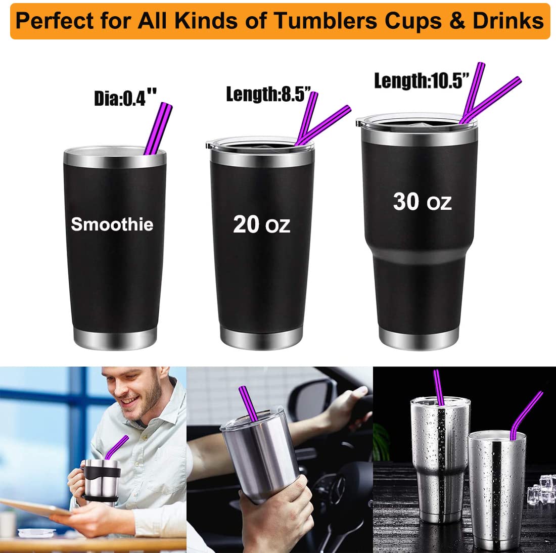 Vannise Stainless Steel Boba Straws, 6 Pack 8.5'' & 10.5'' Long Straws x 0.5'' Diam Wide Mouth Straw, Reusable bubble tea Straws & smoothie Straws for Homemade Thick Drinks, Purple Metal Straw