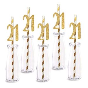 21st birthday paper straw decor, 24-pack real gold glitter cut-out numbers happy 21 years party decorative straws