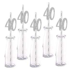 silver happy 40th birthday straw decor, silver glitter 24pcs cut-out number 40 party drinking decorative straws, supplies
