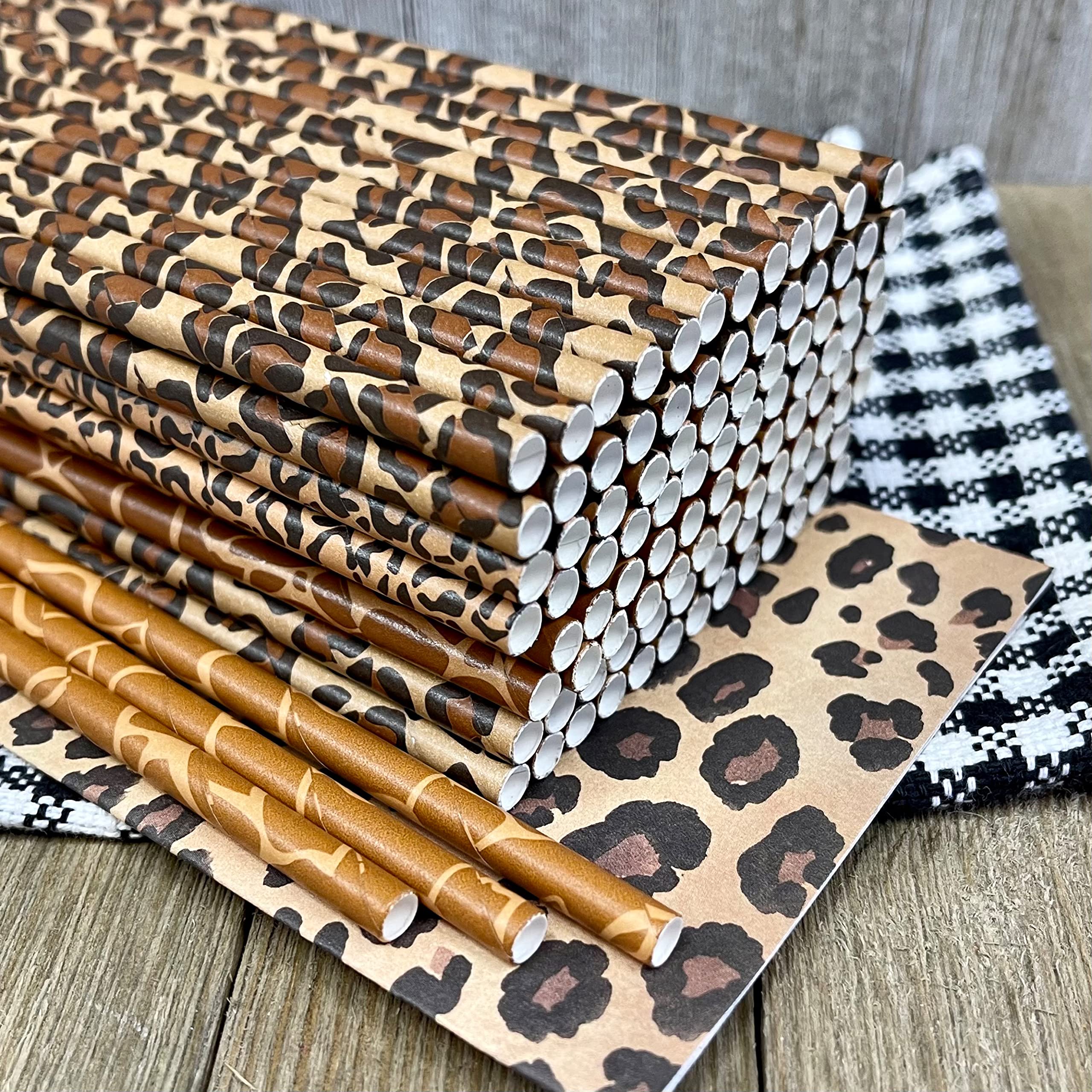 Animal Print Paper Straws - Safari Theme - Leopard Giraffe Cheetah Print - Black Brown Tan - 100 Pack Outside the Box Papers Brand